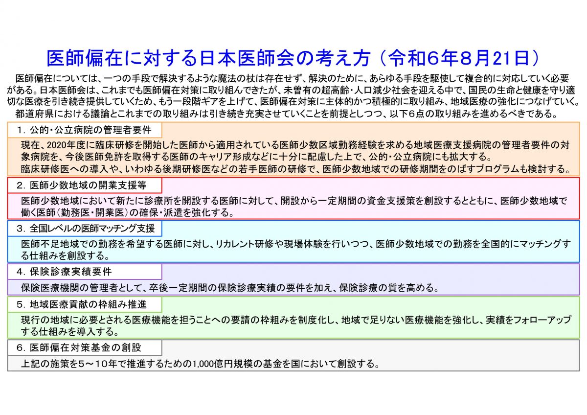 医師偏在対策への日本医師会のアンサー・・・将来はどうなるのでしょうか？＜医師偏在に対する日本医師会の考え方 （令和６年８月21日）＞