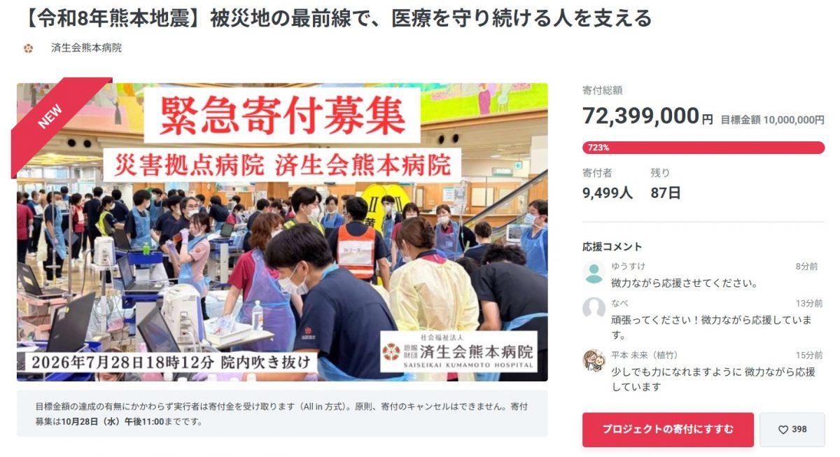現場の負担を軽減するのは国が最低限すべきことでは？【済生会熊本病院CF開始！！】